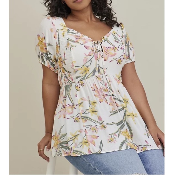 TORRID NWT BABYDOLL CRINKLE GAUZE SMOCKED BACK PUFF SLEEVE TOP - Picture 1 of 6